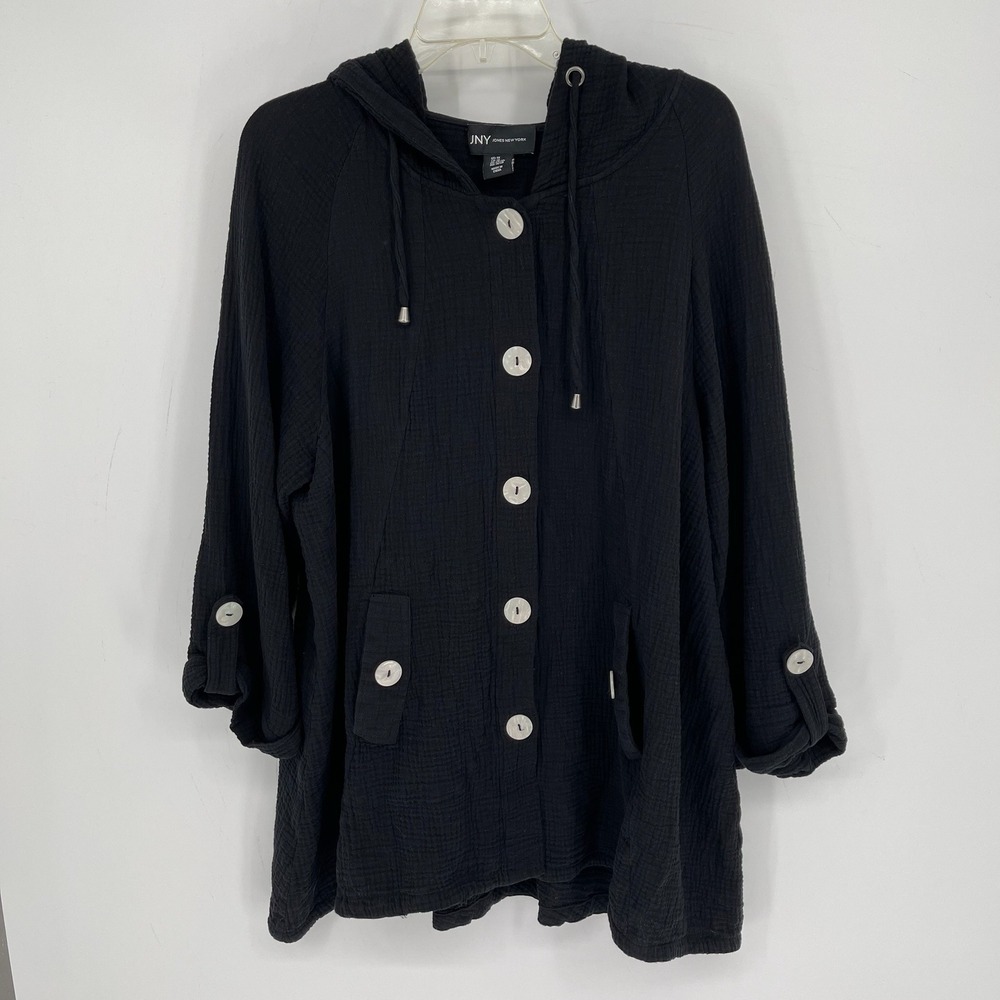 Jones New York Women's Black Hooded Gauze Lagenlook Button Front Jacket Size 1X